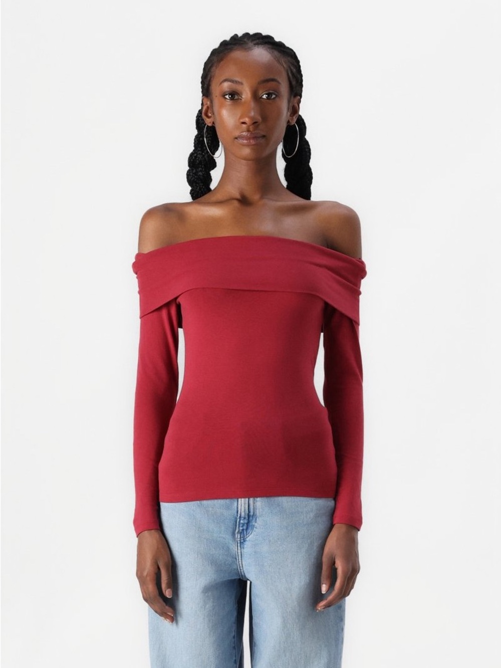 Abercrombie & Fitch - Off-the-Shoulder Long Sleeve Top - Berry Red